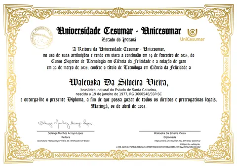 Certificado 3 da trajetória da Dra. Walevska Quantum