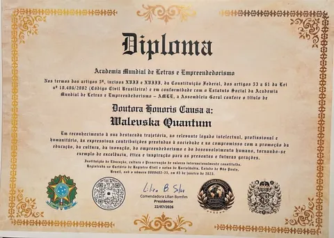 Certificado 1 da trajetória da Dra. Walevska Quantum